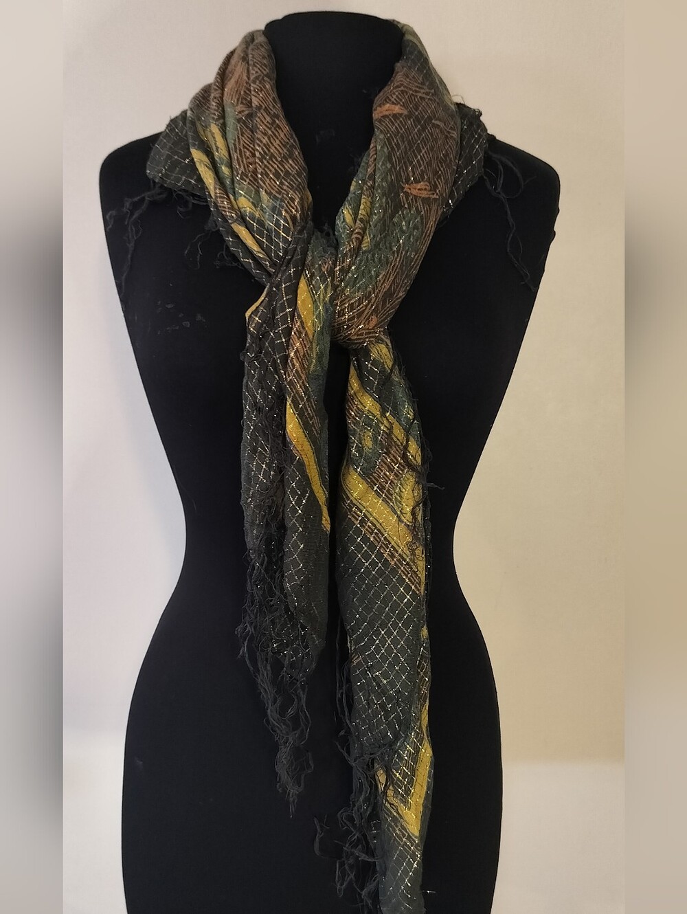 Dark Green and Olive Patterned Women's Scarf with Fringe